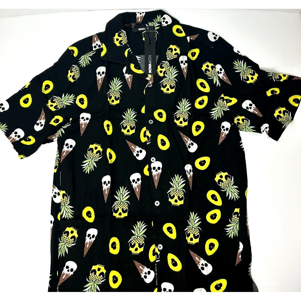 Tropical Skull Short Sleeve Button Up L Shirt Viscose Black Halloween Party Tee